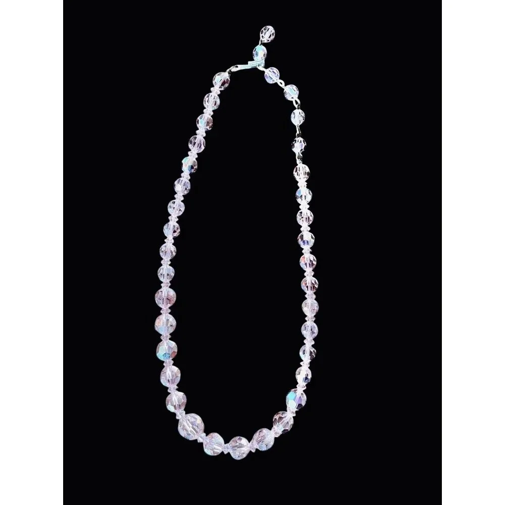 Pink Aurora Borealis Faceted Glass Bead Necklace 18" L Vintage - Picture 3 of 9